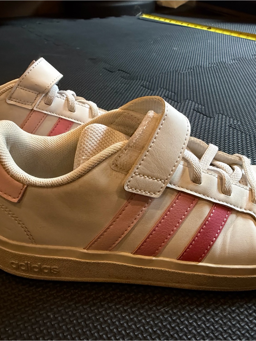 adidas Kids White Sneakers with Pink Stripes and Hook-and-Loop Strap